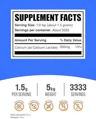 BulkSupplements.com Calcium Lactate Powder - Calcium Supplement Powder, Food Grade - Pure & Gluten Free, 1.5g per Serving, 500g (1.1 lbs) (Pack of 1)