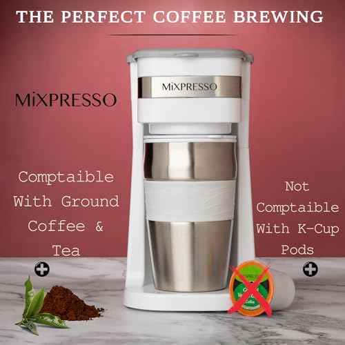 Mixpresso Single Serve & Single Cup Coffee Maker with 14oz Travel Mug Black | For ground coffee only, reusable filter, auto shut off. Compact personal drip coffee maker, not compatible with K-Cup pods.