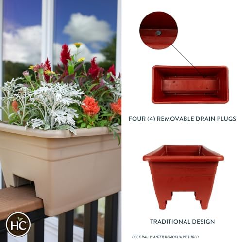 The HC Companies 24 Inch Deck Rail Box Planter Lightweight Outdoor Plastic Plant Pot for Herbs and Flowers, White