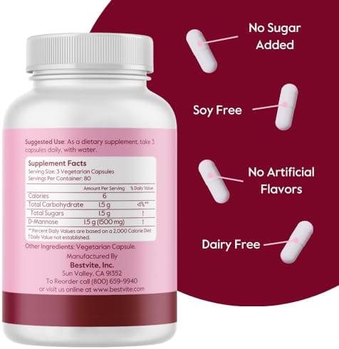 BESTVITE D-Mannose 500mg (240 Veg Caps) - Corn Free - No Fillers - Vegan