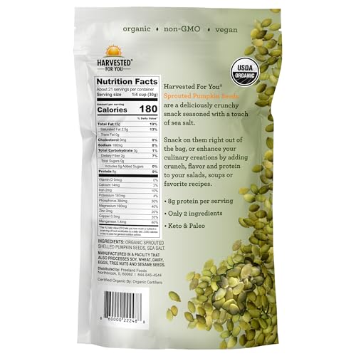 Harvested For You Sea Salted Sprouted Pumpkin Seeds, 22oz Bag, Non GMO, Paleo, Gluten Free, Vegan, Organic, Plant Based, Keto
