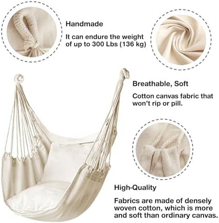 Hommtina Hammock Chair Hanging Rope Swing, Max 300 Lbs Hanging Chair with Pocket & Durability Perfect for Outdoor, Home, Bedroom, Patio