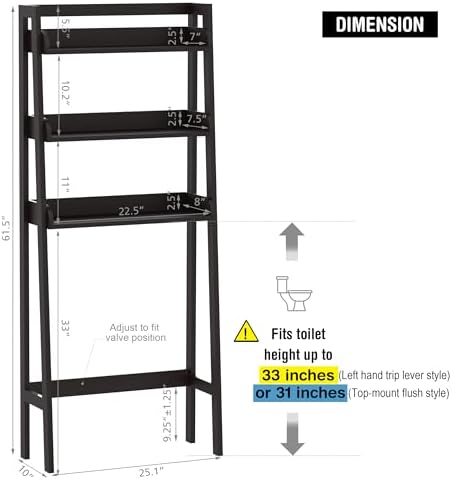 UTEX Over The Toilet Storage Shelf, 3-Tier Bathroom Organizer, White | FSC-Certified MDF, Open Ladder Design, Adjustable Lower Crossbar, Anti-tip Hardware, 33-Inch Clearance, Raised Side Guards