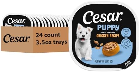 Cesar Puppy Classic Loaf Wet Dog Food, Chicken & Beef, 3.5 oz, 24 Count | Real chicken #1 ingredient, made in USA, no fillers or artificial flavors, essential nutrients, slow-cooked, easy peel trays