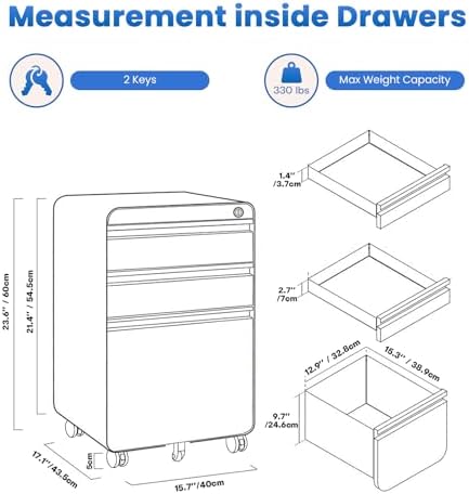 Dripex 3 Drawer Metal Rolling File Cabinet Under Desk Filing Cabinet White | 16"W x 18"D x 24"H, Lockable, 5 Wheels, Fully Assembled