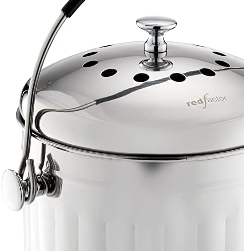 RED FACTOR Premium Compost Bin for Kitchen Countertop - Stainless Steel Food Waste Bucket with Innovative Dual Filter Technology - Includes Spare
