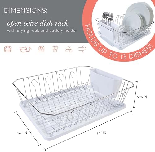 Kitchen Details 3 Piece Dish Rack | Drying Rack, Cutlery Basket & Drainboard Tray | Countertop | Self Draining | Open Wire Design | Chrome | White
