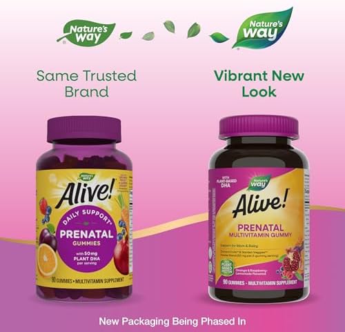Nature's Way Alive! Daily Support Prenatal Gummy Multivitamin, 90 ct | Supplement with Plant-Based DHA for Brain & Eye Development*