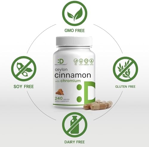 Ceylon Cinnamon with Chromium 1000mcg, 240 Capsules | Active Inner Bark Extract, True Sri Lanka Source | Natural Cinnamon Supplements