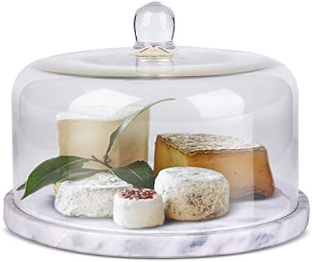 Flexzion Marble Cake Stand with Glass Dome Lid, 8.7-Inch Serving Plate