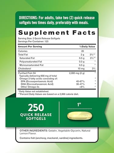 Nature's Truth Fish Oil 2000 mg | 600 mg Omega 3 | 250 Softgels | Natural Lemon Flavor | Non-GMO and Gluten Free Supplement | Natural Lemon Flavor