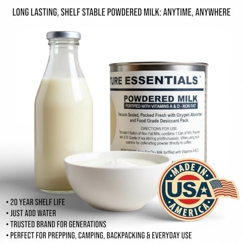 Future Essentials Canned Instant Nonfat Dry Milk Powder – 20-Year Shelf Life Non Fat Dry Powdered Milk with Vitamins A & D – Ideal for Emergency