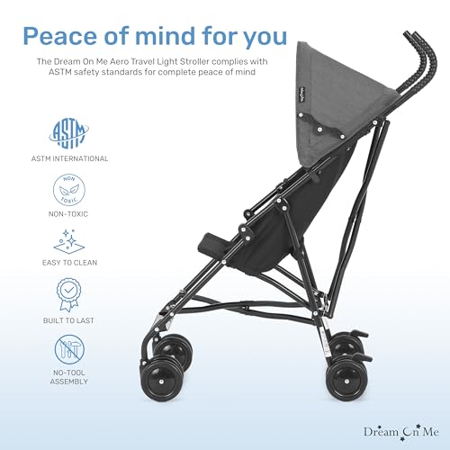 Dream On Me Aero Travel Umbrella Stroller, 1-Hand Fold, Lightweight, Black | 3 Point Safety Harness, Dual Brakes, Adjustable Removable Canopy, Sturdy Steel Frame, Compact, For Toddlers 6-36 months