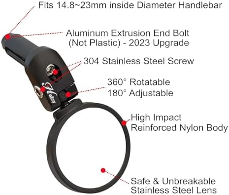 Hafny Bike Mirror, Bike Bar End Mirror, Unbreakable Stainless Steel Lens, Safe Adjustable Rearview Mirror, Cycle, E-bike, HF-MR083/HF-M851-FR03 (Black 62mm Dia)