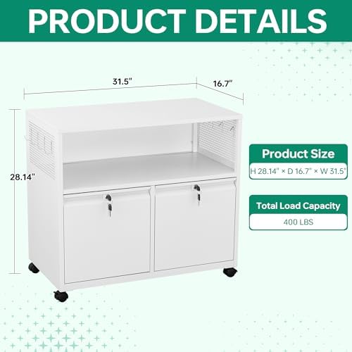 Mobile 3 Drawer File Cabinet with Lock-Metal Lateral Rolling Printer Stand Filing Cabinets for Home Office-Storage A4/F4/Letter (White)