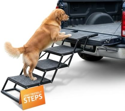 Foldable Dog Stairs for Cars Trucks & SUVs - Heavy-Duty Carbon Steel Pet Ladder Supports 230LB - Non-Slip Metal Mesh Joint-Friendly Portable Ramp for Large Dogs - 5 Step Pet Stairs w/Mat