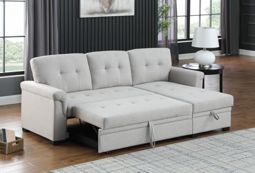 Lilola Home Convertible Sectional Sleeper Sofa Bed 84 Inch, L Shaped Couch with Pull Out Bed, Storage Chaise, Removable Back Cushions for Living Room, Office, Linen Fabric, Dark Gray