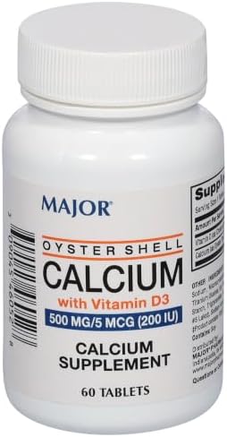 Major Oyster Shell Calcium with Vitamin D3 500 mg / 5 mcg (200 IU) - Calcium Supplement - 60 Tablets