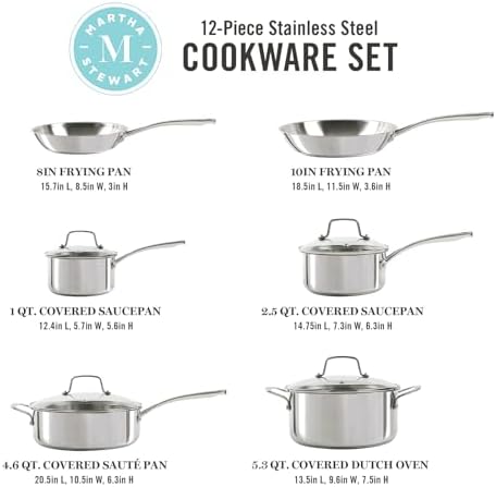 Martha Stewart Castelle 10 Piece 18/8 Durable Stainless Steel Induction Safe Pots and Pans Non-Toxic Kitchen Cookware Set - Gold Handles - Dishwasher Safe