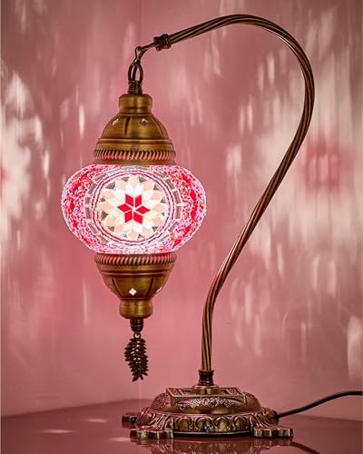 DEMMEX Turkish Table Lamp Moroccan Bedside Light Handmade Tiffany Mosaic Glass Boho Artisan Accent Lighting for Bedroom Living Room, Antique Brass Finish – 15" H, Multicolor