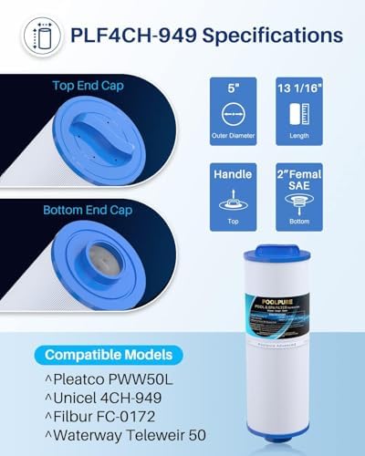 POOLPURE 4CH-949 SPA Filter Replaces Pleatco PWW50L 1PACK