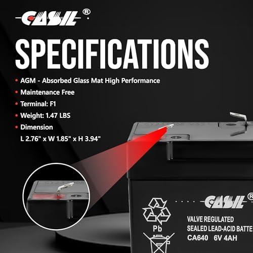 Casil 6V 4Ah SLA Battery – Rechargeable Sealed Lead Acid AGM – F1 Terminal – Replacement for Power Wheels, Deer Feeders, Emergency Lights