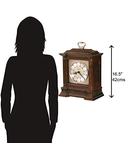 Howard Miller Akron II Mantel Clock – Windsor Finish, Dual-Chime Kieninger Movement, Arabic Numerals, Brushed Nickel Dial, Wooden Base