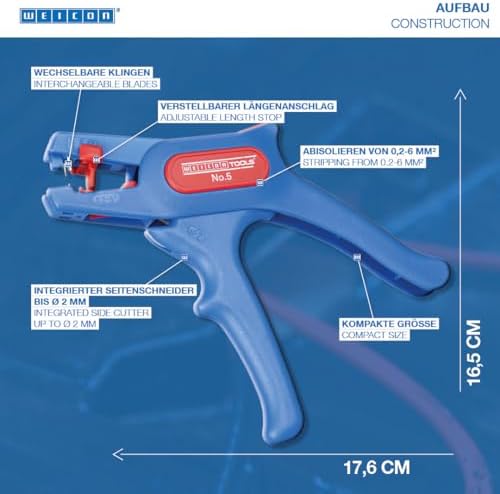 WEICON TOOLS Wire Stripper No. 5, automatic wire stripper 0.2-6 mm², wire stripper with side cutter up to 2 mm