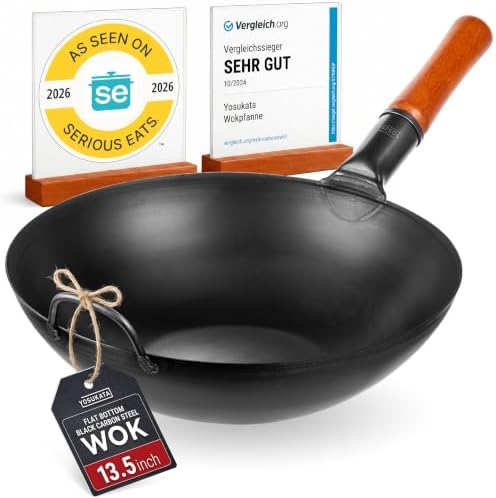 YOSUKATA 13.5" Pre-Seasoned Flat Bottom Black Carbon Steel Wok for Stir Fry