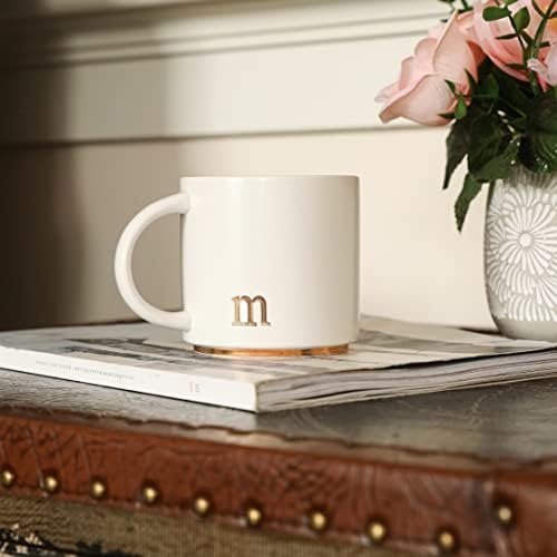 COLLECTIVE HOME Ceramic Coffee Mug, 15 oz Monogram Cup with Gift Box(m) | Dishwasher Safe, Engraved Gold Letter