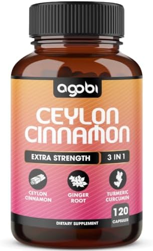 Ceylon Cinnamon Capsules - Combined with Ginger Root and Turmeric Curcumin Supplement - 120 Vegan Capsules
