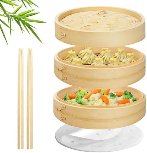 Flexzion Bamboo Steamer Basket Set (8 inch), 50 x Steamer Liners and 2 Pairs of Chopsticks, Steam Baskets for DimSum Dumplings, Rice, Vegetables