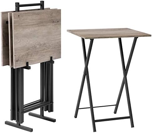 HOOBRO Folding TV Tray Tables, Set of 4 TV Trays with Storage Rack, Industrial Side Table for Eating at Couch, Foldable Snack Table for Small Space