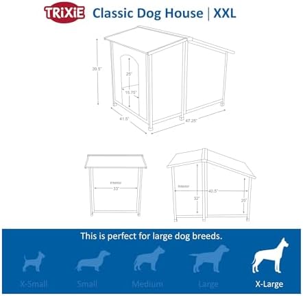 Trixie Natura Classic Dog House - Wooden Outdoor Shelter with Weatherproof Sealer, Hinged Roof & Adjustable Legs for Medium Dogs - Gray - 27 x 41 x 28.5 in