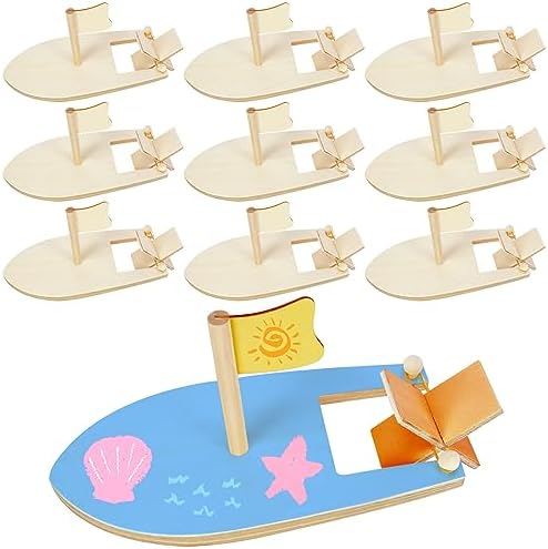 Amersumer 10 Pcs DIY Toy Wood Boat Craft Kits, Mini Wooden Sailboat Kits, Paddle Boats Paint and Decorate for School Projects