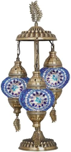 DEMMEX 3-Globe Turkish Moroccan Table Lamp, Tiffany Mosaic Glass Bedside Night Light, Handmade Colorful Mosaic Glass Globes & Antique Brass Finish Base, 21" H, Multicolor