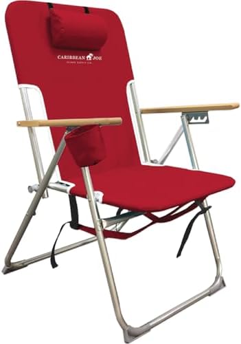 CARIBBEAN JOE Folding Beach Chair, 4 Position Portable Backpack Foldable Camping Chair with Headrest, Cup Holder, and Wooden Armrests