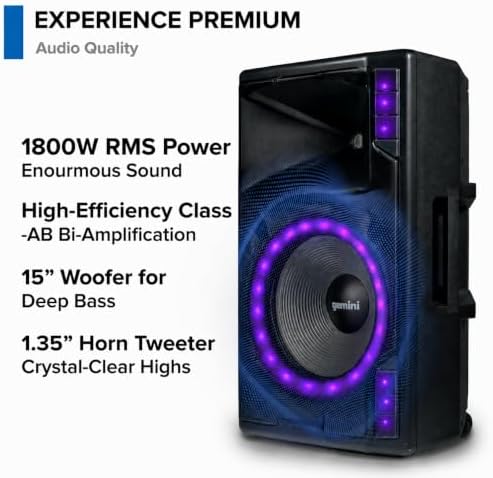 Gemini 15" Bluetooth PA Speaker, 1800 Watts, 3-Ch Mixer (GSP-2200)