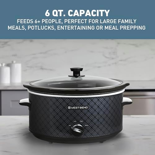 West Bend Slow Cooker 6-Quart Manual Crockery Style with Dishwasher Safe Oval Ceramic Crockpot and Glass Lid Two Temperature Settings Plus Keep Warm, 330-Watts, Black