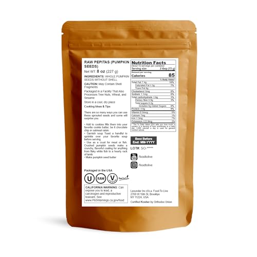 Food to Live - Raw Pepitas, 8 Ounces, Pumpkin Seed Kernels, Unsalted, No Shell, Vegan, Kosher, Keto, Bulk. Wholesome Snack. High in Protein, Essential Fatty Acids.