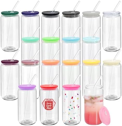 WHEATHUSK 20 Pack Glass Cups with Acrylic Lids and Glass Straws 16oz Iced Coffee Cups Clear Glass Tumbler Can Shaped Drinking Glasses