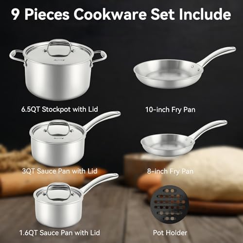 Duxtop Tri-Ply Stainless Steel Induction Cookware, 9PC Pots and Pans Set | Whole Clad 3-Layer Steel, Family Cookware Set, Even Heating