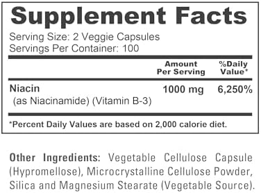 Niacinamide Vitamin B-3, Flush Free, Vegan, 1000mg, 200 Caps - 100 Servings | Dietary Supplement Formula, Flush-Free Niacinamide, Non-GMO