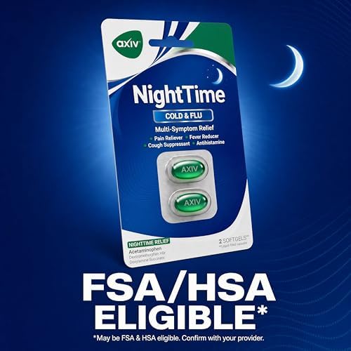 AXIV Nighttime Cold & Flu Relief Softgels, Multi-Symptom Nighttime Relief for Headache, Fever, Sore Throat, Minor Aches and Pains, Sneezing, Runny Nose, and Cough 24 Count
