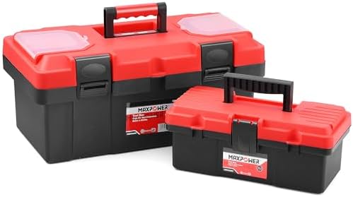 MAXPOWER Small Tool Box, 14-inch Plastic Tool Boxes with Handle | Removable Tray with Dual Lock Secured, Red Toolbox for Home