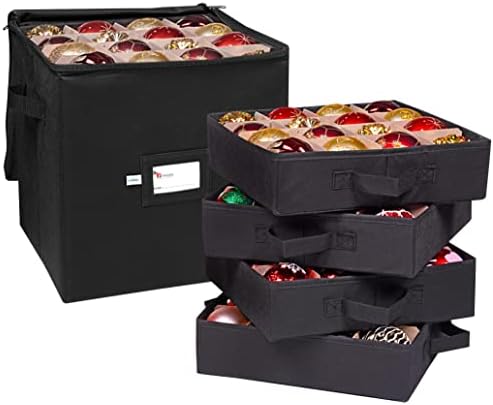 Christmas Ornament Storage Box, 4 Individual Trays Xmas Storage Container, Fits 64 Ornaments Decoration Balls, Constructed of Durable Polyester Material (Red)