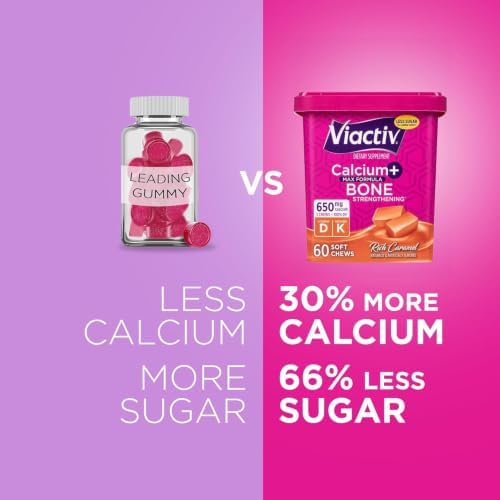 Viactiv Calcium + Vitamin D Supplement Soft Chews for Women & Men - Chewable Calcium for Bone Health Support, 650 mg per Serving, Vitamin D & K for High Absorption - 60 Count, Caramel