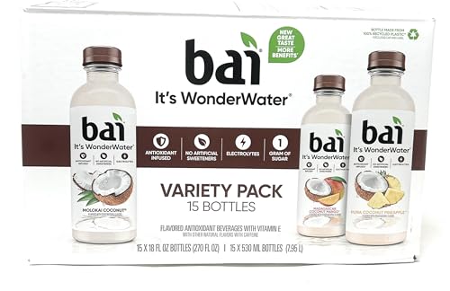 Bai WonderWater Coconut Variety Pack, 18oz bottles - pack of 15 (Molokai Coconut, Madagascar Coconut Mango, Puna Coconut Pineapple)