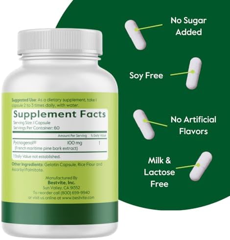 BESTVITE Pycnogenol 100mg (60 Caps) - French Maritime Pine Bark Extract | No Stearates - Gluten Free - Non GMO - Scientifically Studied - Healthy Aging Supplement* - Easy to Swallow Caps