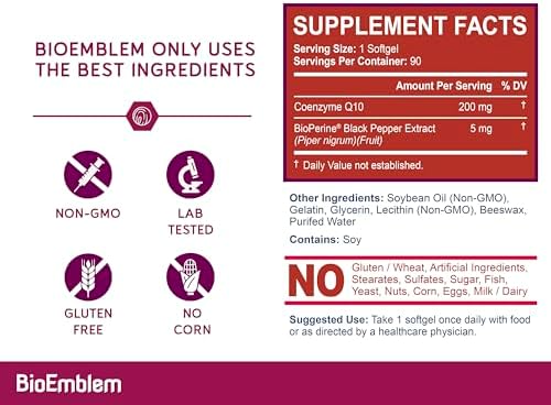 BioEmblem CoQ10 200mg with BioPerine, Coenzyme Q10, 90 Softgels